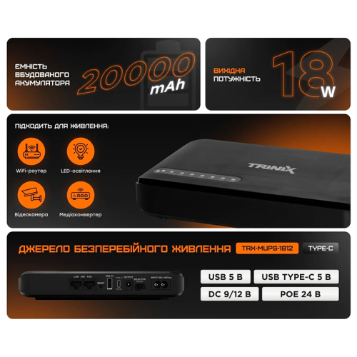 Джерело безперебійного живлення DC mini UPS Trinix TRX-MUPS-1812