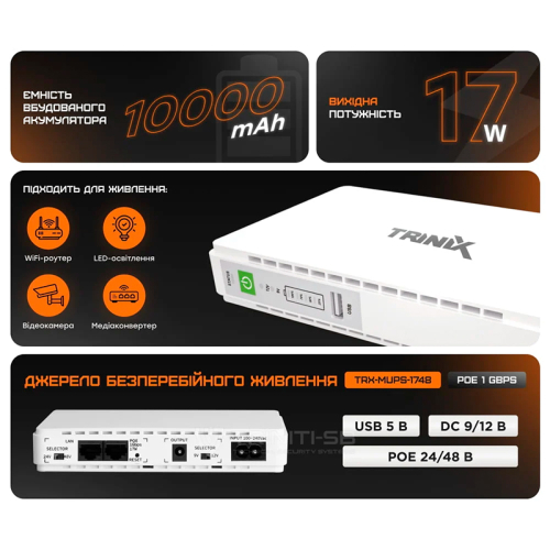 Джерело безперебійного живлення DC UPS Trinix TRX-MUPS-1748 PoE