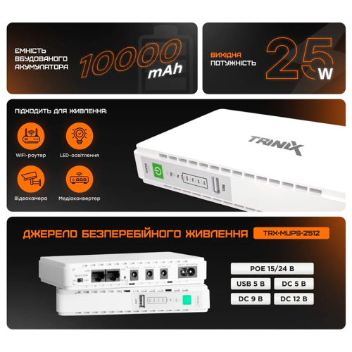 Источник бесперебойного питания DC UPS Trinix TRX-MUPS-2512 PoE