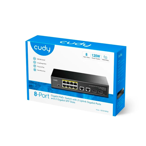 PoE-коммутатор 12-портовый неуправляемый Cudy GS1010PS2 гигабитный с 8 портами PoE+, 120W