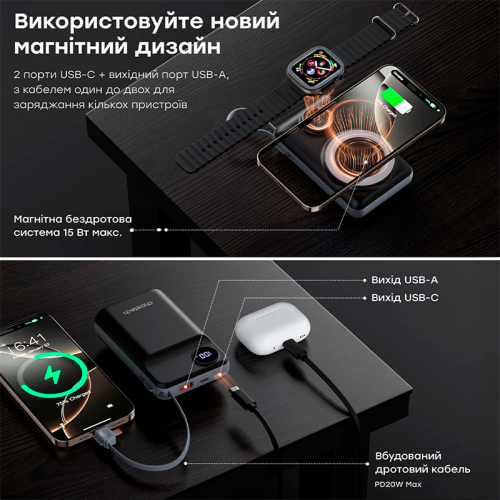 Повербанк Choetech B696 20 000мА•ч Black с магнитной зарядкой