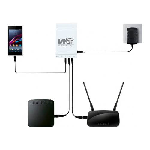 Комплект Mini UPS з блоком живлення: джерело безперебійного живлення Mini UPS WGP UPS103C 16000mAh 5V/12V/12V, Li-ion 4*4Ah, для роутера і медіаконвертера та блок живлення Kraft KRF-1203PS 12V/3A