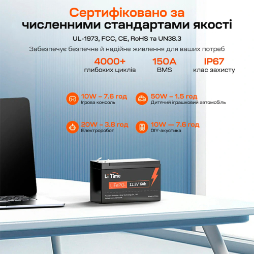 Акумуляторна батарея літій-залізо-фосфатна 12.8В 6А*год LiFePO4 LiTime L12V6-6-BASIC-4-A6