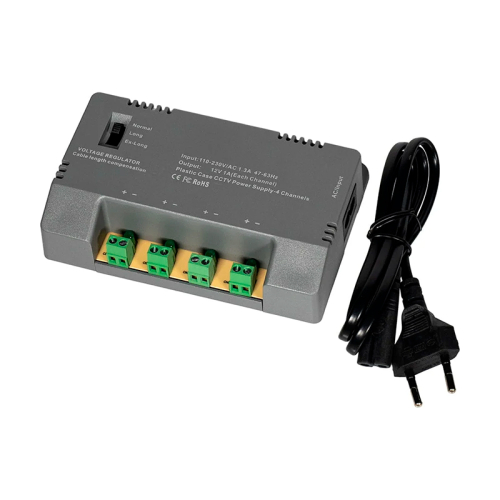 Блок живлення Kraft KRF-1204B (4CH) 60W, 4 канали навантаження, 12V/1A на 1 канал, з регулятором напруги для компенсації довжини кабелю