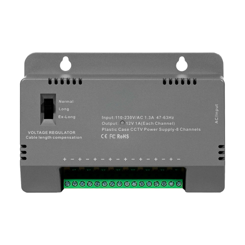 Блок живлення Kraft KRF-1208B (8CH) 96W, 8 каналів навантаження, 12V/1A на 1 канал, з регулятором напруги для компенсації довжини кабелю