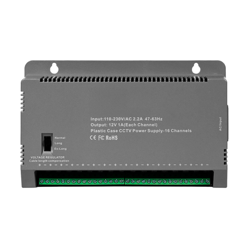Блок живлення Kraft KRF-1216B (16CH) 200W, 16 каналів навантаження, 12V/1A на 1 канал, з регулятором напруги для компенсації довжини кабелю