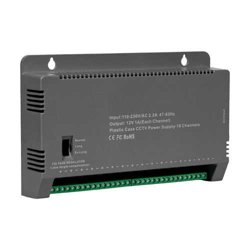 Блок живлення Kraft KRF-1216B (16CH) 200W, 16 каналів навантаження, 12V/1A на 1 канал, з регулятором напруги для компенсації довжини кабелю